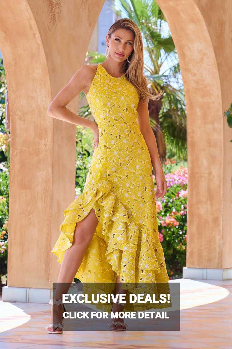 High-Neck Lace Ruffle Gown - Yellow | Boston Proper