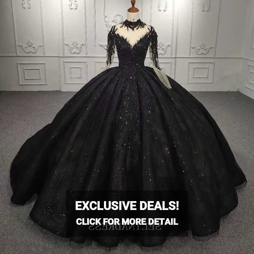 High Neck Long Sleeve Black Beaded Princess Ball Gown Elegant ...