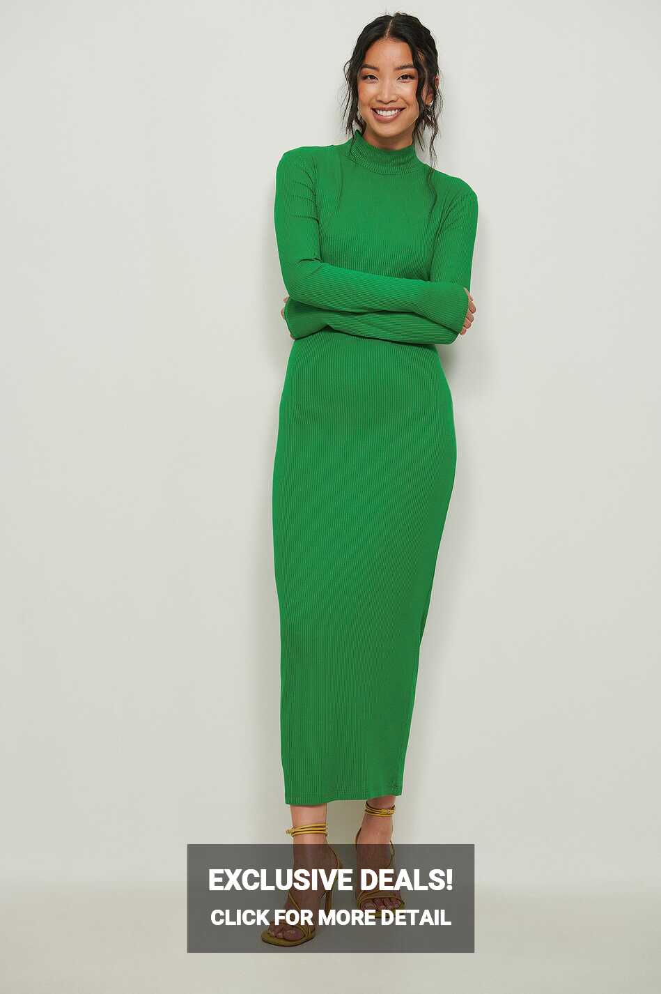 High Neck Long Sleeved Midi Rib Dress Green | NA-KD