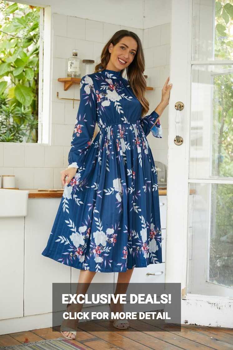 High Neck Long Sleeves Pleated Floral Dress - Cherieday