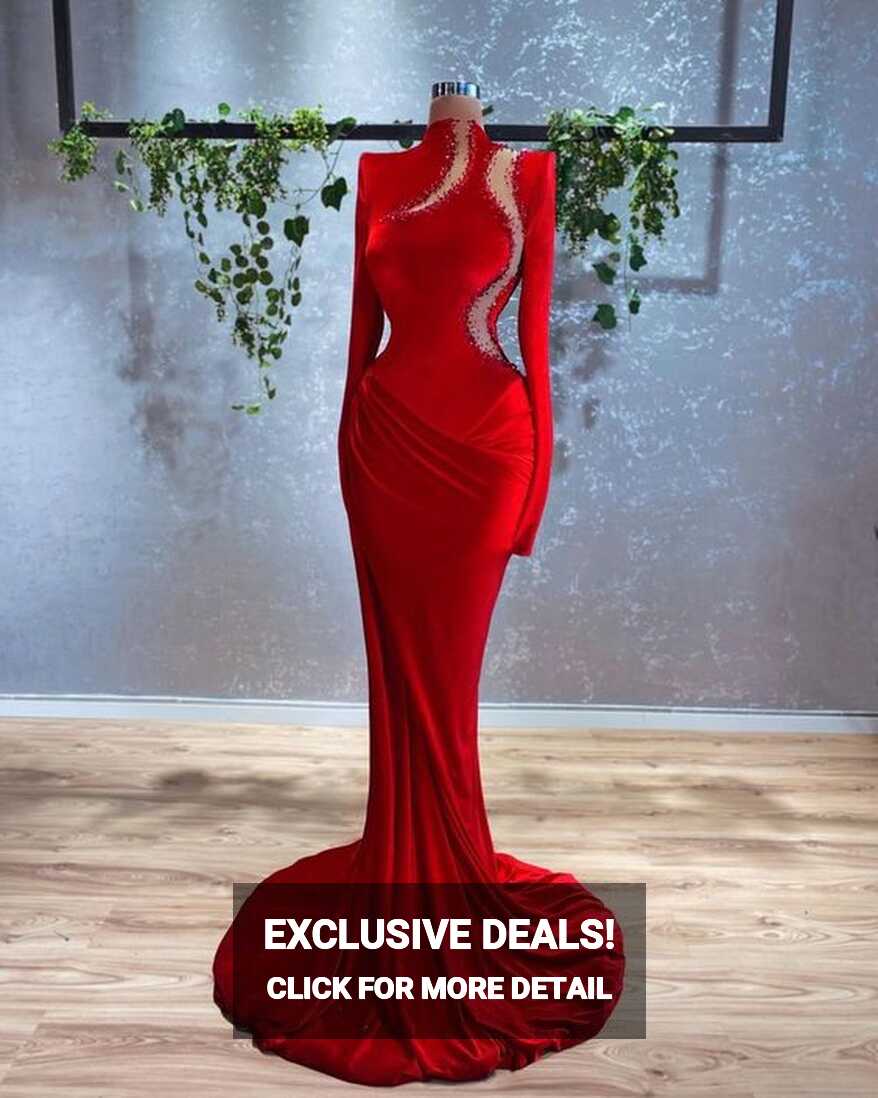 High Neck Red Evening Dresses 2023 Abendkleider Beaded Long Sleeve ...