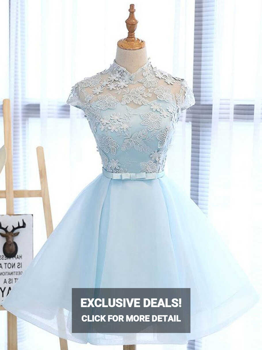 High Neck Short Blue Lace Junior Prom Dress REAL023