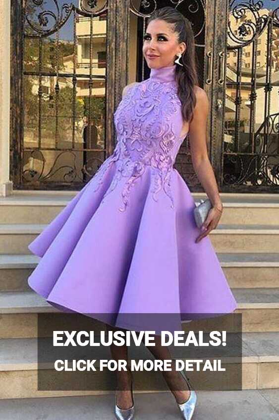 High Neck Tea-Length Purple Satin Homecoming Dress With Appliques ...