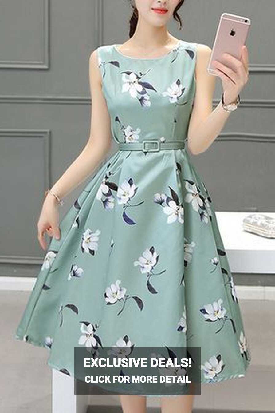 High Waist A-line Floral Print Sleeveless Dress