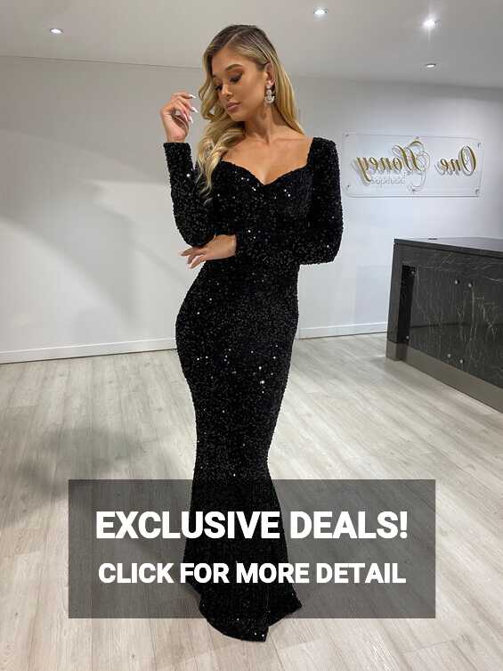 Honey Couture ALISON Black Sequin Long Sleeve Formal Dress