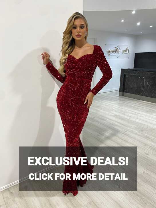 Honey Couture ALISON Burgundy Sequin Long Sleeve Formal Dress