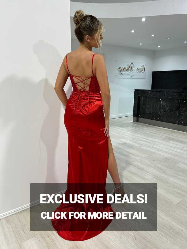 Honey Couture JAZLIN Red Embellished Bustier Satin Mermaid Formal Dres