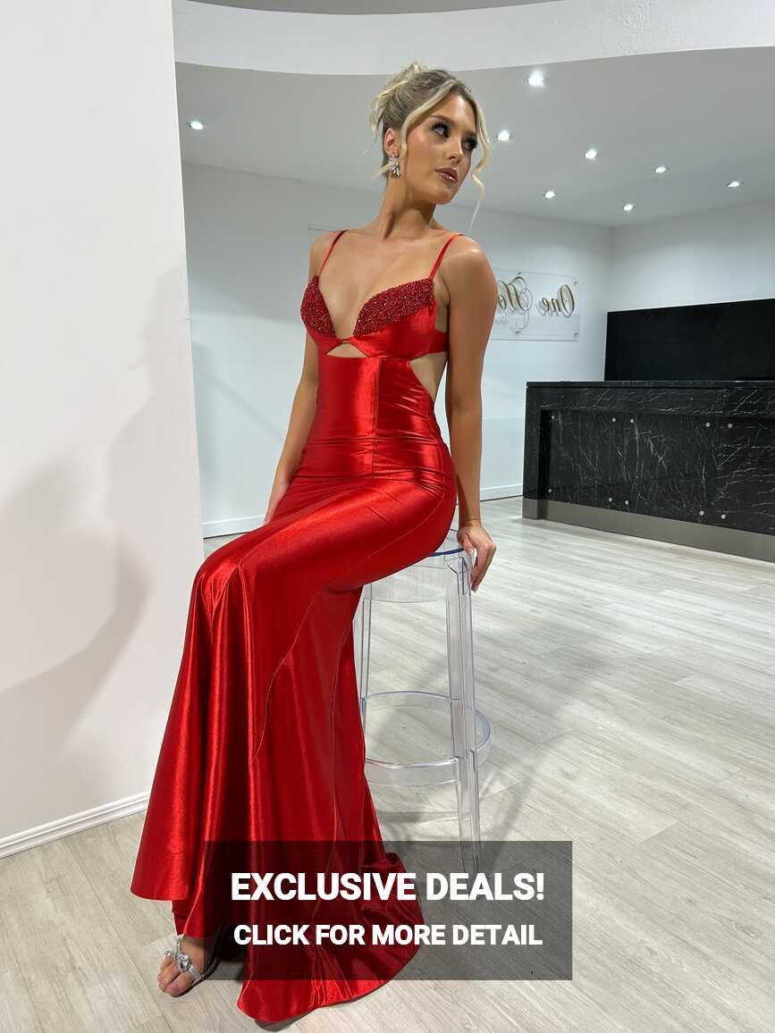 Honey Couture MONA Red Satin Diamanté Detail Mermaid Formal Dress