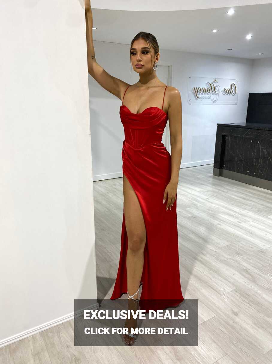 Honey Couture ZENDAYA Red Satin Corset Bustier Leg Split Formal Dress