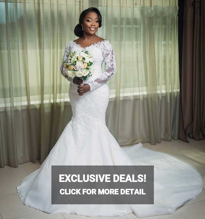 Hot Long Sleeves Lace White Wedding Dresses V Neck Mermaid Bridal ...