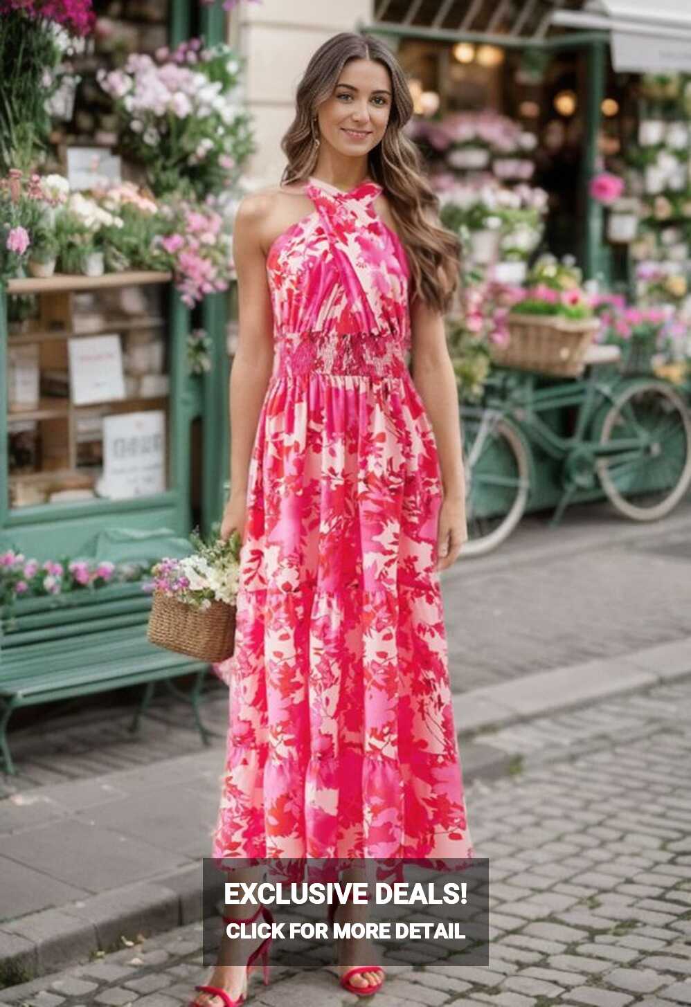 Hot Pink Floral Halter Maxi Dress - Retro, Indie and Unique Fashion