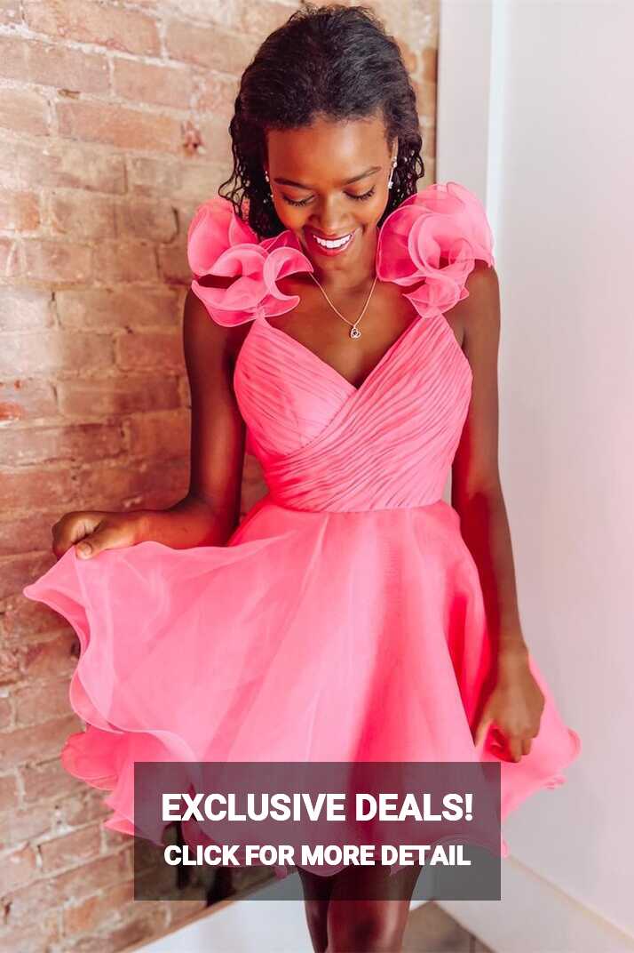 Hot Pink Organza Surplice-Neck Short Party Dress with Ruffles ...