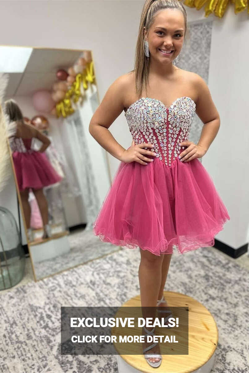 Hot Pink Strapless Beaded A-Line Short Party Gown – Dreamdressy