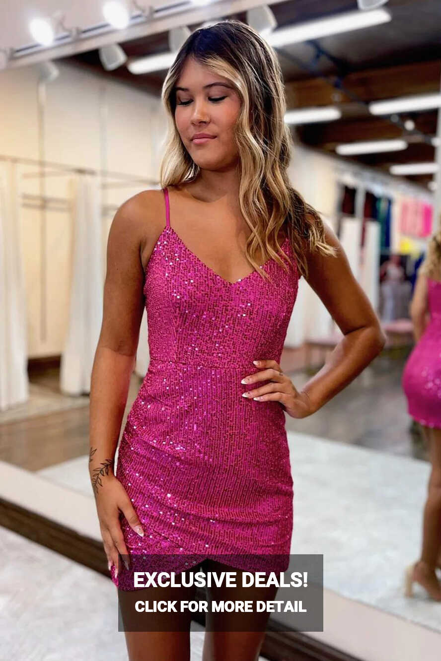 Hot Pink V Neck Sequin Mini Homecoming Dress Tight Short Prom ...