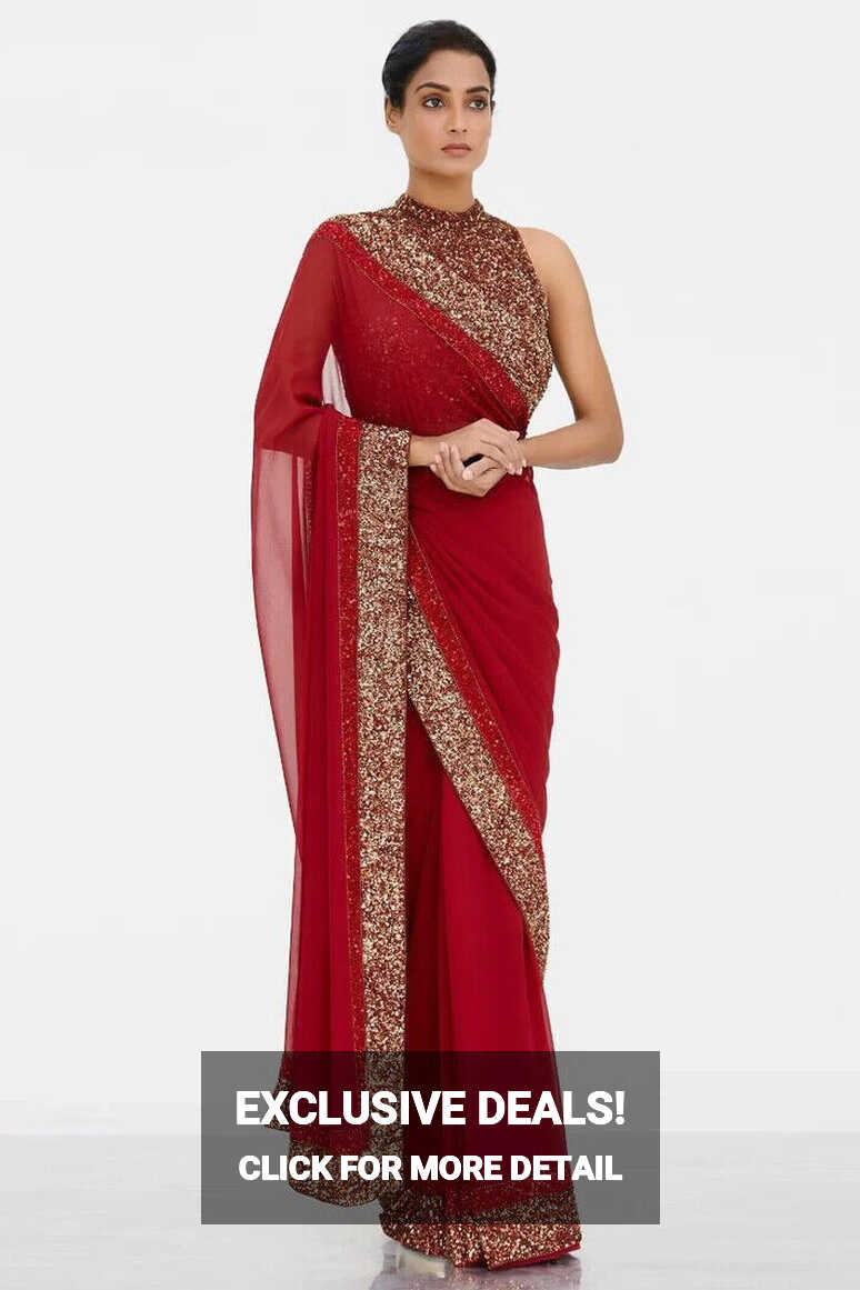 Hot Red Sari Indian Sequins Work Sari Wedding Georgette Saree ...