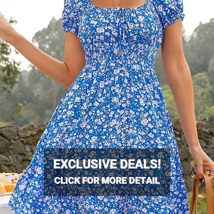 Hvyesh Floral Dresses for Women 2024 Short Sleeve Square Neck Midi ...