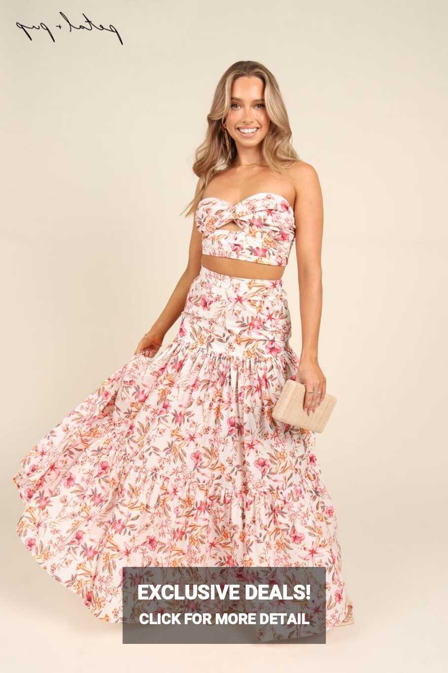 Hydra Top &amp; Maxi Skirt (White Floral) - Floral Two Piece Skirt Set