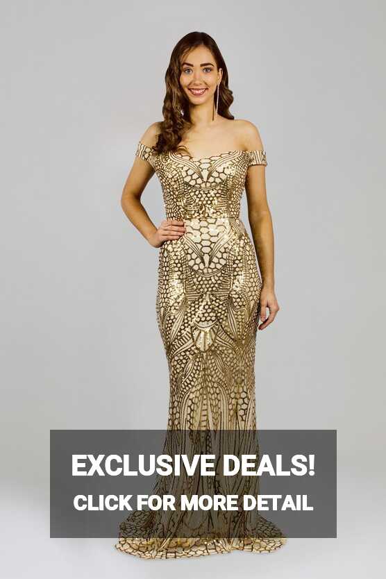 ININA | Off Shoulder Gold Sequin Formal Dress – Envious Bridal ...