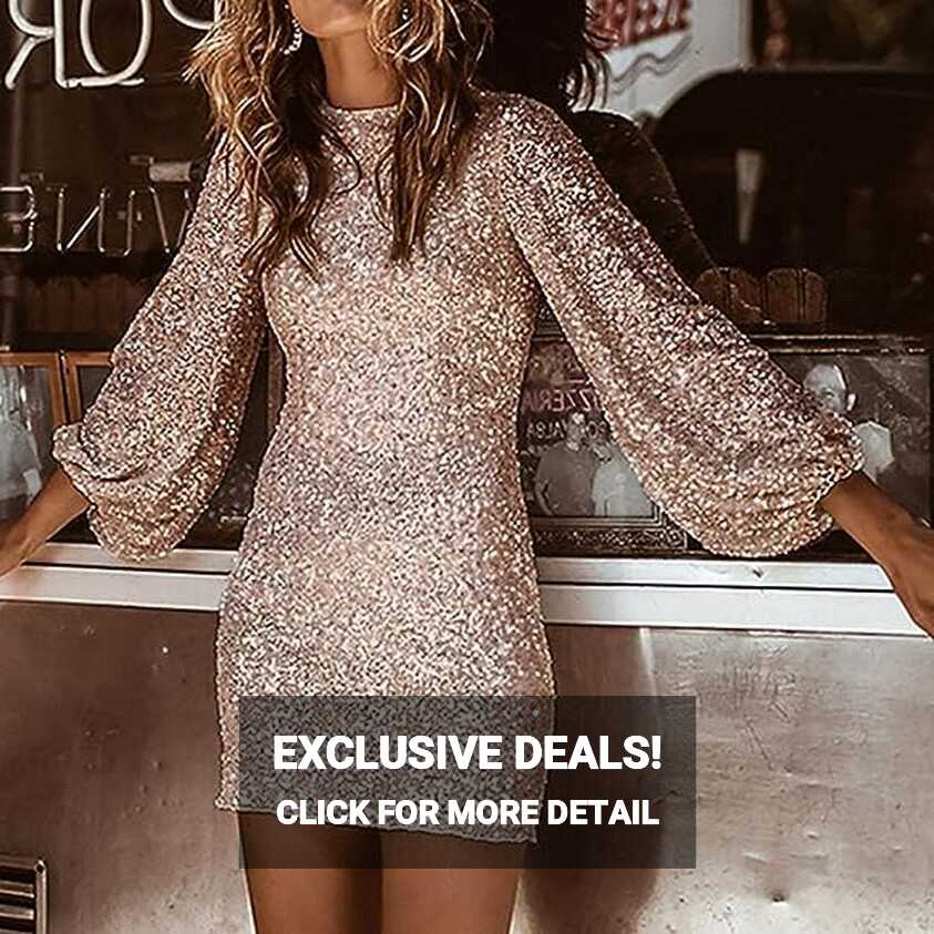 IQYU Glitter Dress Women&#39;s Sequin Dress Long Sleeve Cocktail ...