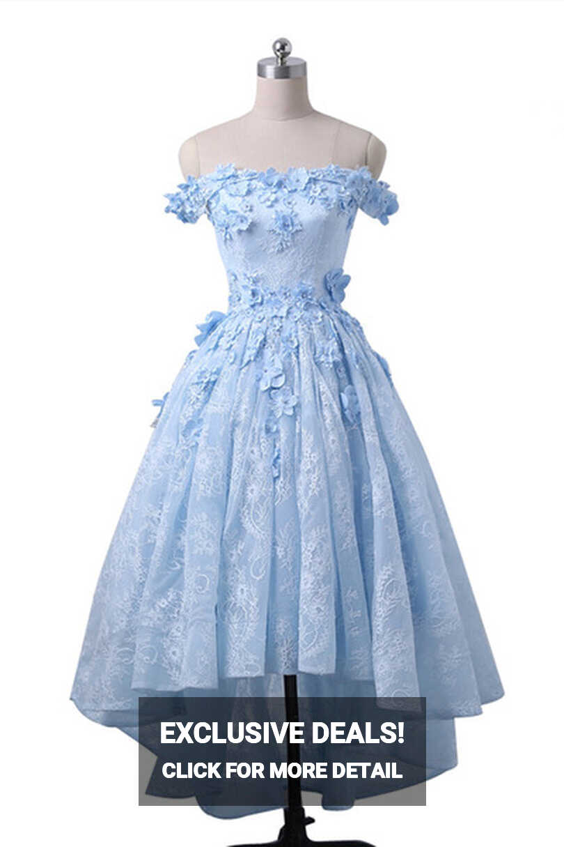 Ice Blue Off Shoulder Lace And Floral Cute Prom Dresses, Lovely ...