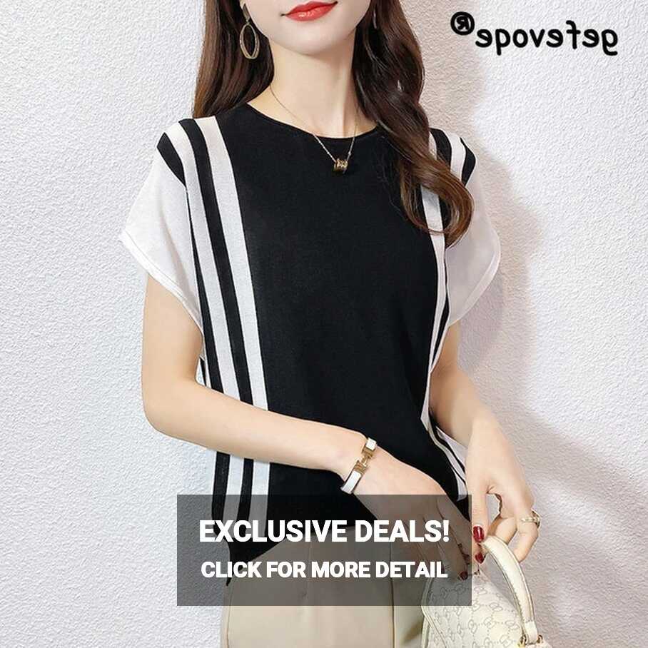 Ice Silk Knitted Striped Patchwork Elegant Simple O Neck Short ...