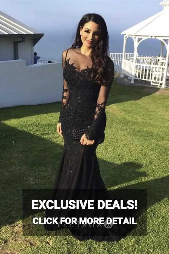 Illusion Lace Long Sleeve Black Mermaid Prom Dress - Xdressy