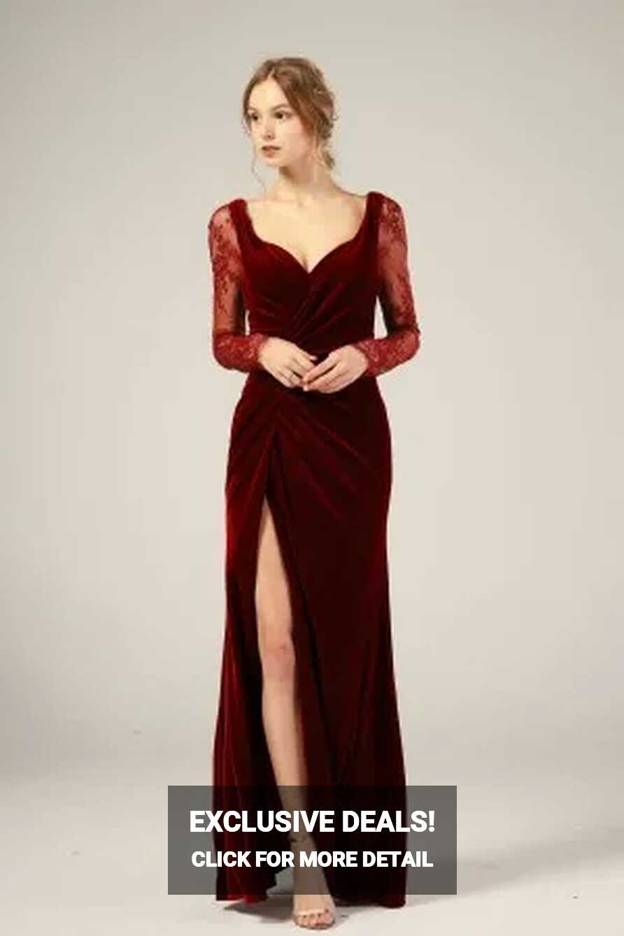 Illusion Long Sleeves Slit Dark Red Bridesmaid Dress - Xdressy