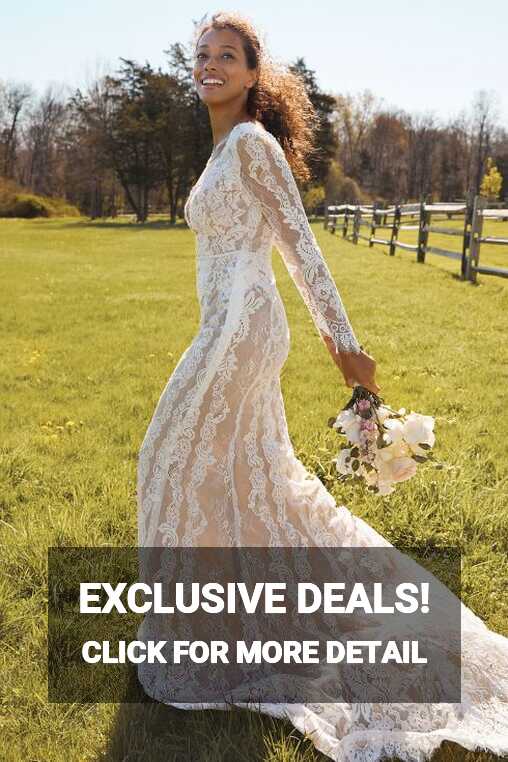 Illusion Plunge Long Sleeve Lace Wedding Dress | David&#39;s Bridal