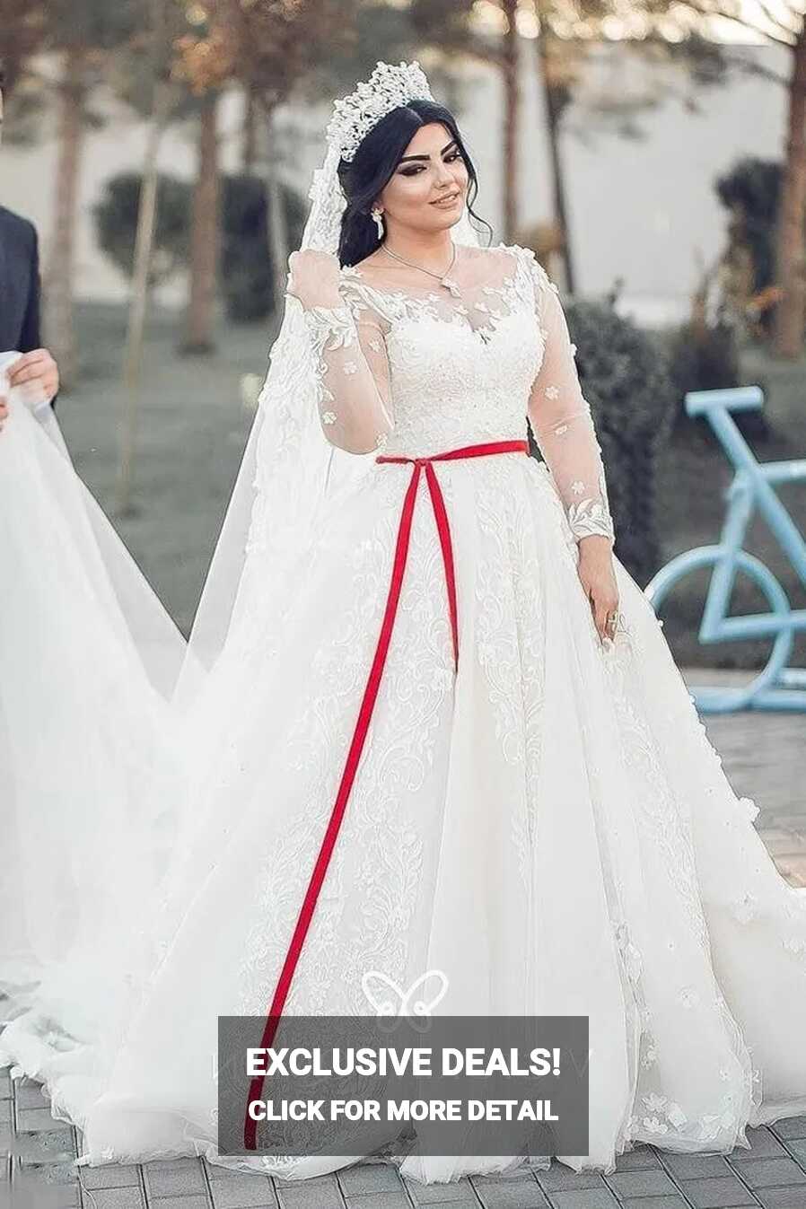 Illusion Sleeve Lace &amp; Tulle Red Ribbon Wedding Gown - VQ