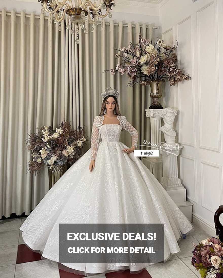 Illusion Square Neck White Long Sleeves Princess Ball Gown Wedding ...