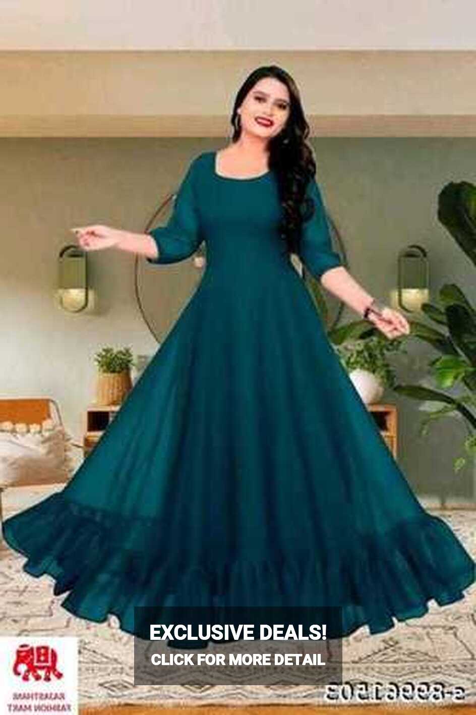 Indian Green 3/4th Sleeve Plain Georgette Party Wear Gown For ...