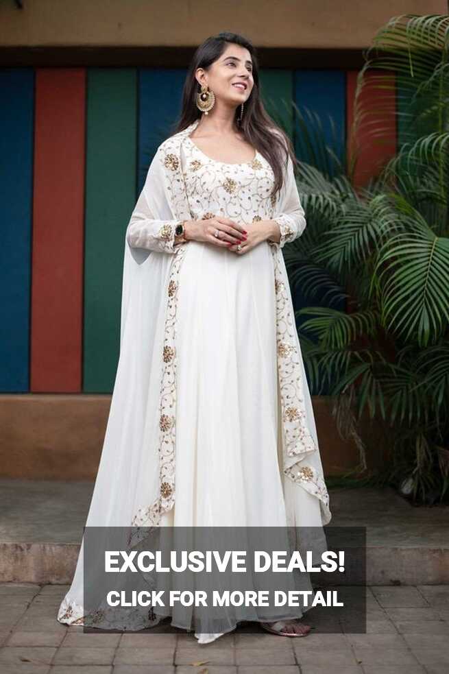 Indian Heavy Designer White and Golden Anarkali Gown With Jacket ...