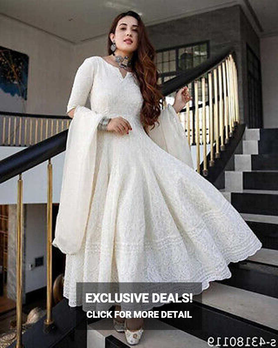 Indian Women&#39;s White Anarkali Style Long Gown Kurta Set with ...