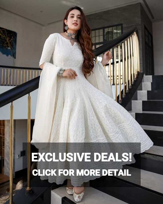 Indian Women White Stitched Anarkali Gown Kurta Set with Dupatta ...