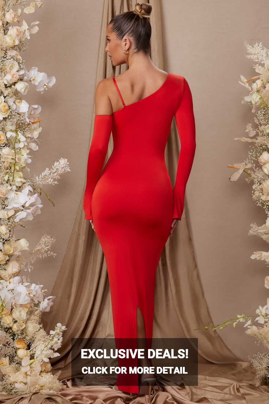 Isolde Long Sleeve Off The Shoulder Maxi Dress in Red | Oh Polly