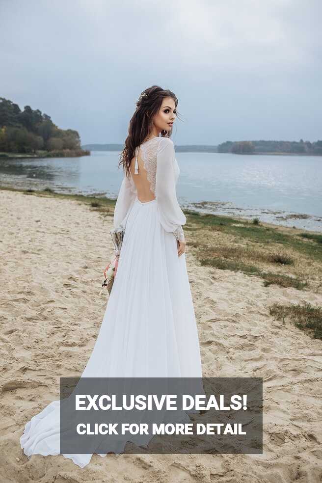 Ivory Boho Beach Wedding Dress. Unique Long Sleeves Hippie Winter ...