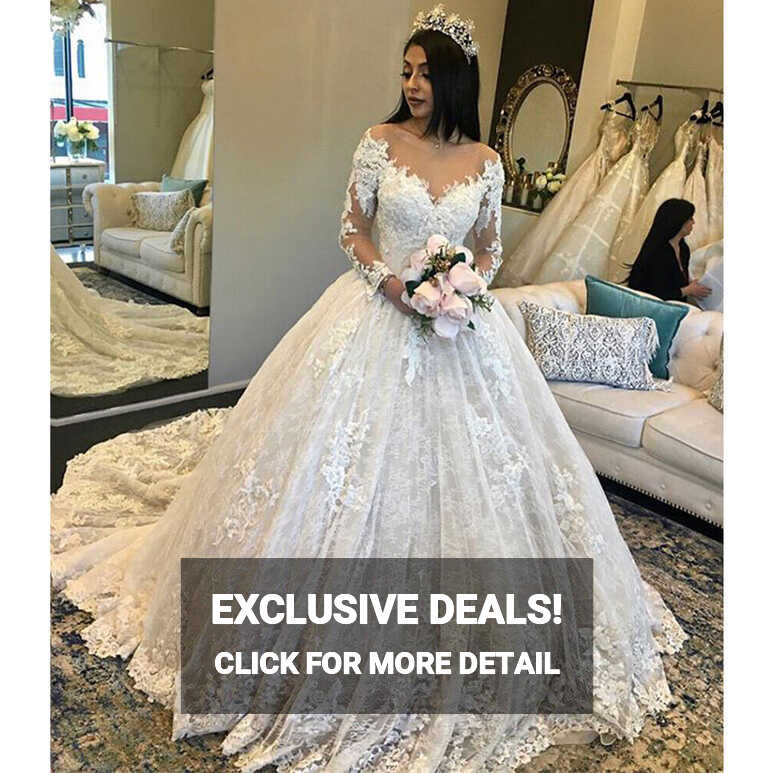 Ivory Lace Wedding Dresses Puffy Long Sleeves Floral Court Train ...