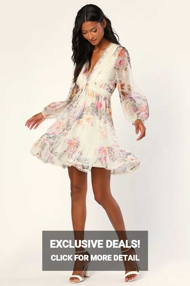 Ivory Mini Dress - Floral Dress - Long Sleeve Mini Dress - Lulus