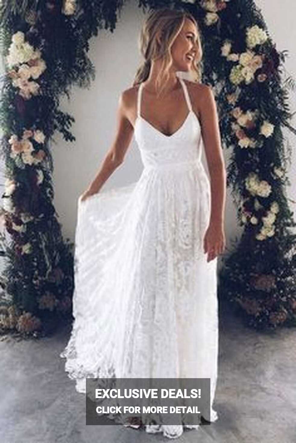 Ivory Spaghetti Strap Lace Open Back Side Split Long Beach Wedding ...