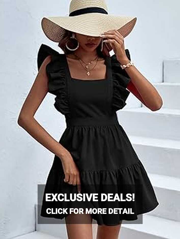 JAYAHO Black Dresses for Women Square Neck Ruffle Trim Ruffle Hem ...