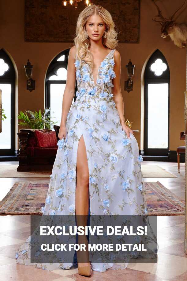 JVN23699 Light Blue 3D Floral A Line Prom Dress Plunging Neckline ...