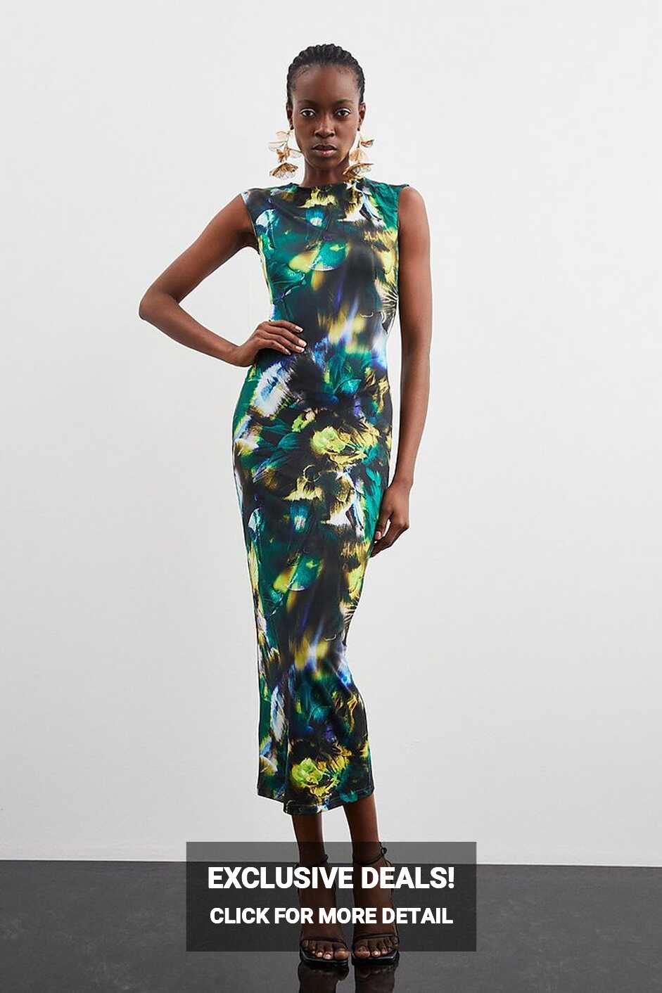 Jersey Abstract Floral Print Bodycon Midi Dress | Karen Millen