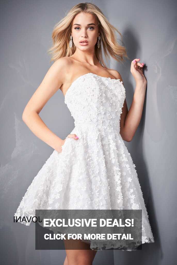 Jovani 02564 Short Fit &amp; Flare White Floral Applique Cocktail ...