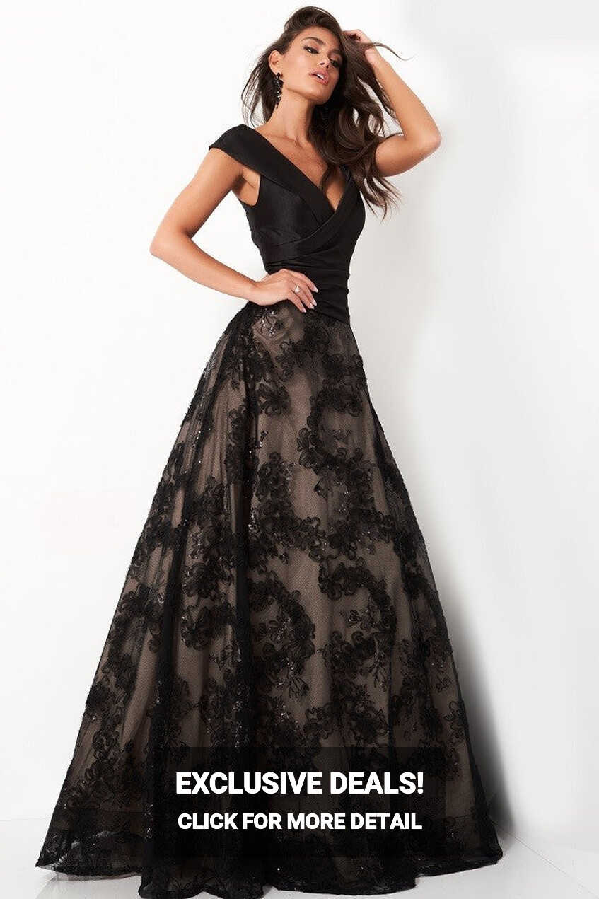 Jovani 03330 Black lace A line Evening Dress Satin Bodice Formal ...