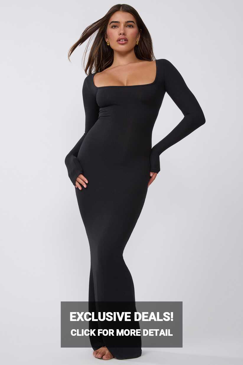 Jude Ribbed Modal Square Neck Long Sleeve Maxi Dress in Black | Oh ...