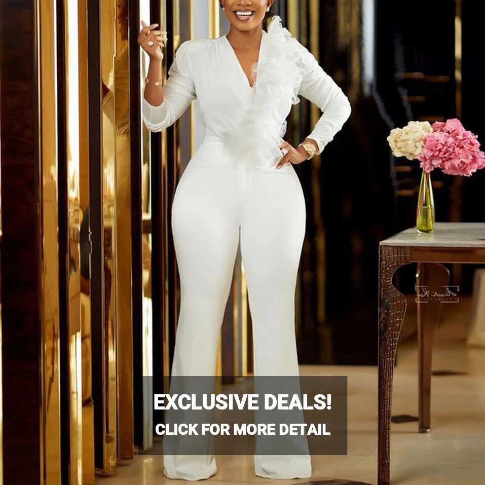 Jumpsuits For Women 2023 Elegant African White Full Sleeve Bodycon ...