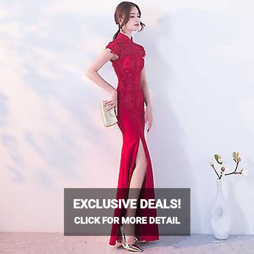 Jwl-sexy Split Wedding Qipao Red Lace Mermaid Chinese Evening ...