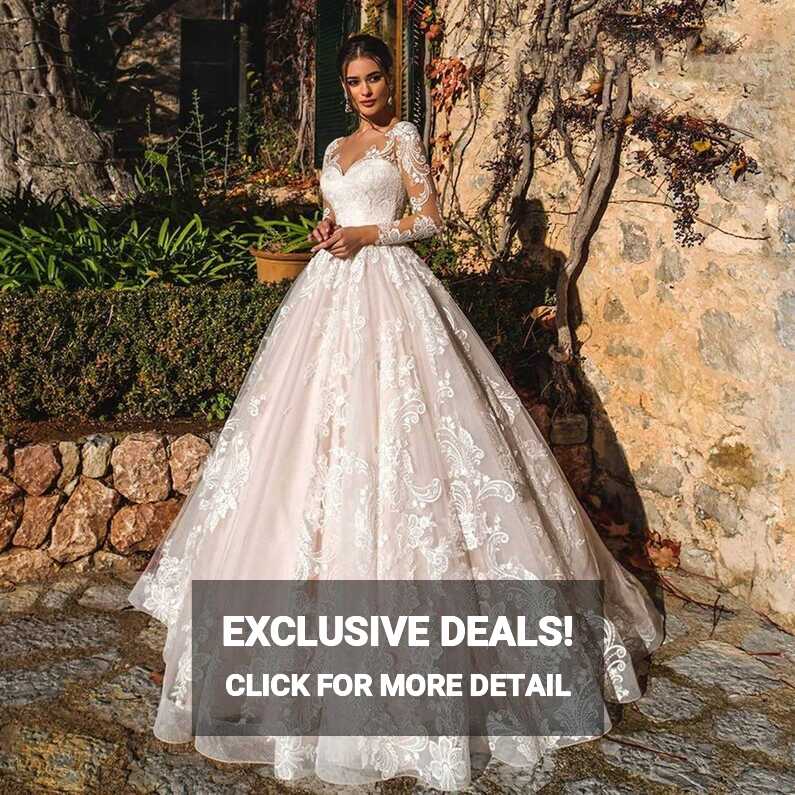 KUANGQIANWEI Long Sleeve Wedding Dresses Beach A-Line Romantic ...