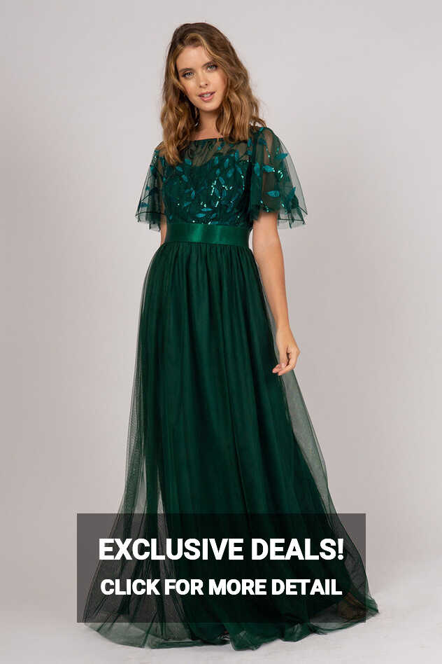 Kailyn Short Sleeved Tulle Sequins Formal Dress in Emerald Green ...