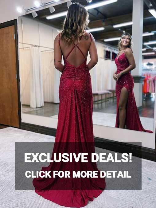 Kaylani Burgundy Mermaid V Neck Glitter Jersey Long Prom Dress ...